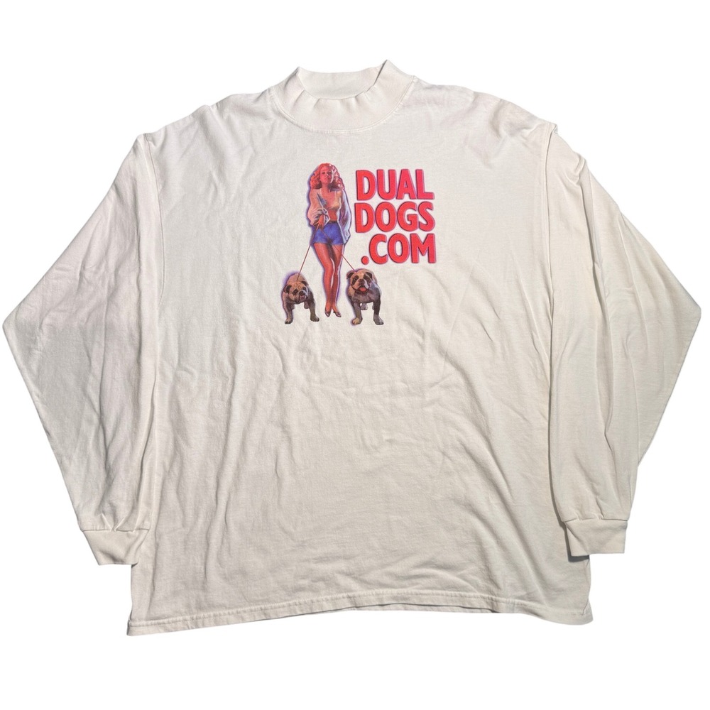 Vintage DualDogs.com Promo Long Sleeve Mock Neck Shirt White Mens 2XL USA Made